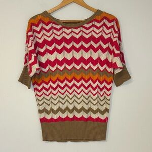 NWOT OneA Chevron Knit Short Sleeve Sweater Size M Multicolor Retro Boho Vibe